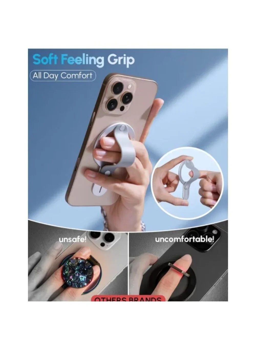 GripMate MagSafe Slim Magnetic Phone Loop Grip & Kickstand Holder iPhone Silver